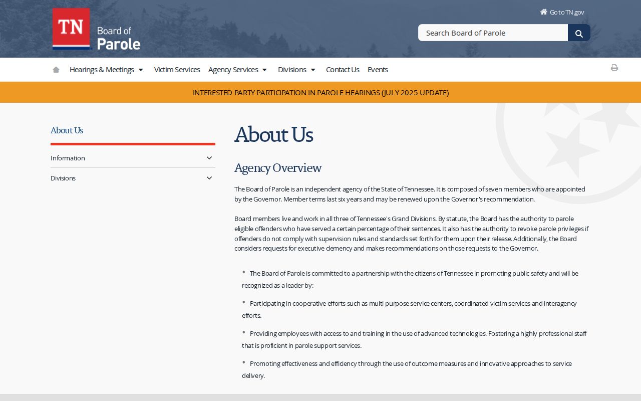 Tennessee Board of Parole page separated from Halls criminal records