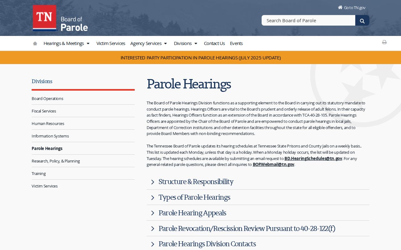 Henning criminal records distinction on the Tennessee Board of Parole hearings page