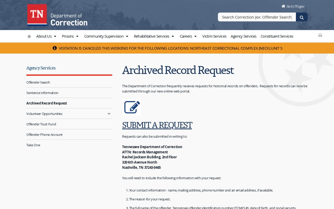 Henning criminal records routing example on the TDOC archived record request page