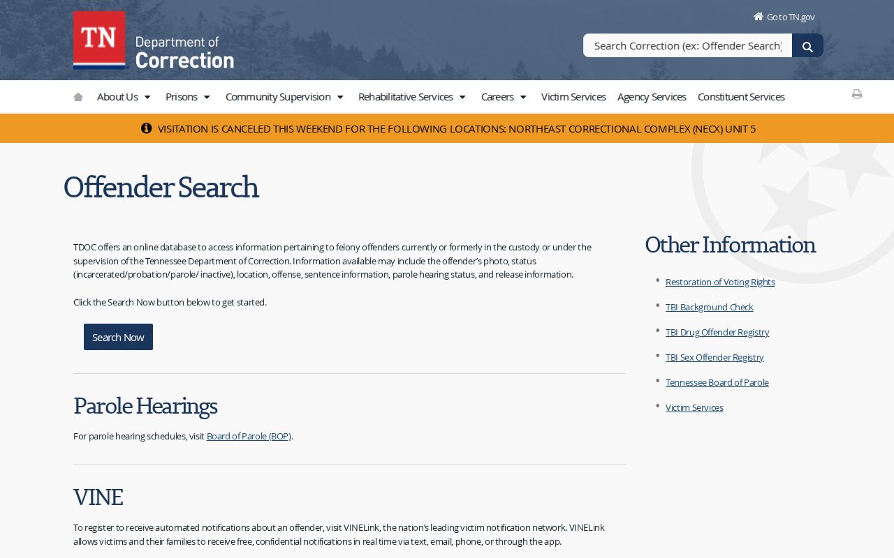 Henning criminal records distinction shown on the TDOC FOIL offender search page